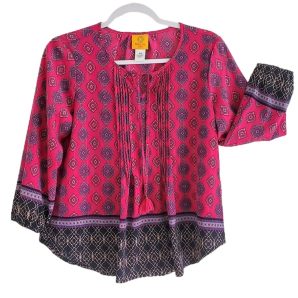 RUBY Rd Boho Peasant Deep Pink flowy sleeve blouse. Size PS LIKE NEW
